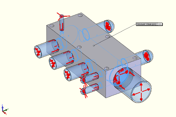 FEA model - internal cavity surfaces are pressurized to 300 psi