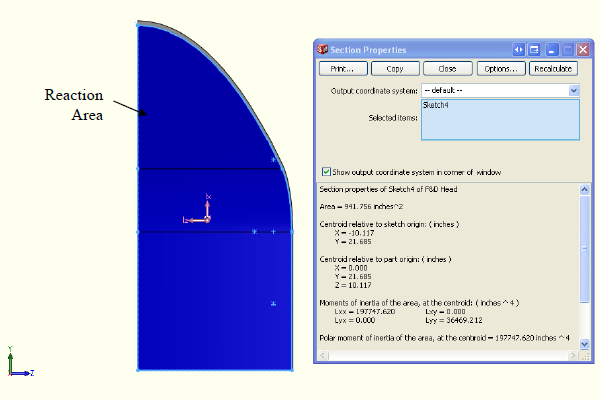 FEA model shows the X reaction area normal to the YZ plane