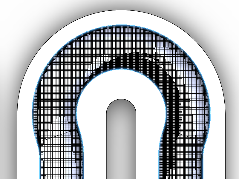 Figure 3: Final mesh (#6) detail for "LR" elbow. many areas of the mesh have reached convergence and their final mesh size, areas of turbulence and the boundary layer are still being refined (darkest areas with the smallest cells).