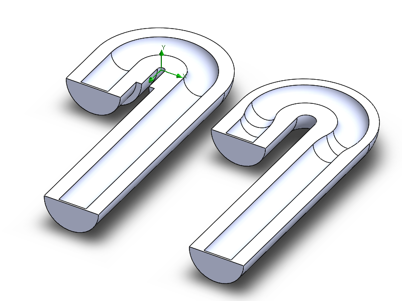Figure 1: Two 180° flow elbows to be compared. Section view. Which has the lower pressure drop? "U" configuration on left, "LR" for larger radius on right.