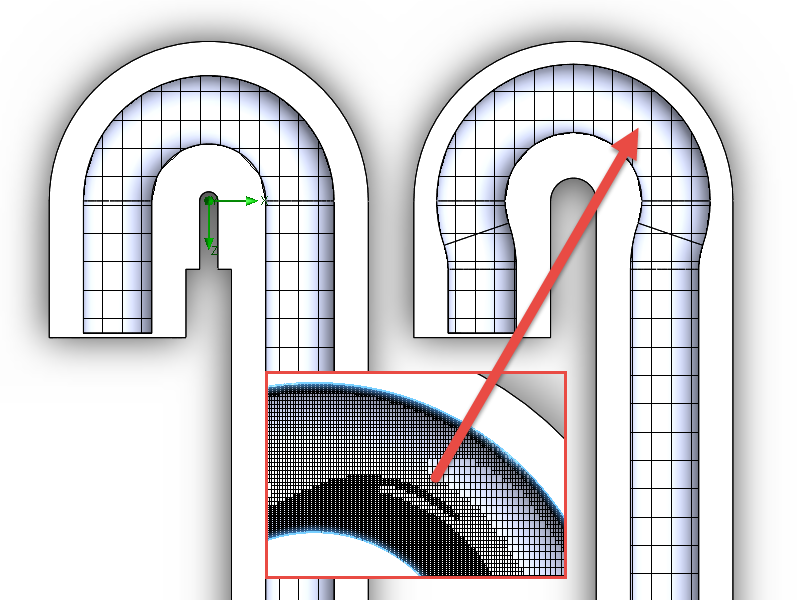 The initial mesh (Mesh 1) for the two passing elbow designs run in the same study