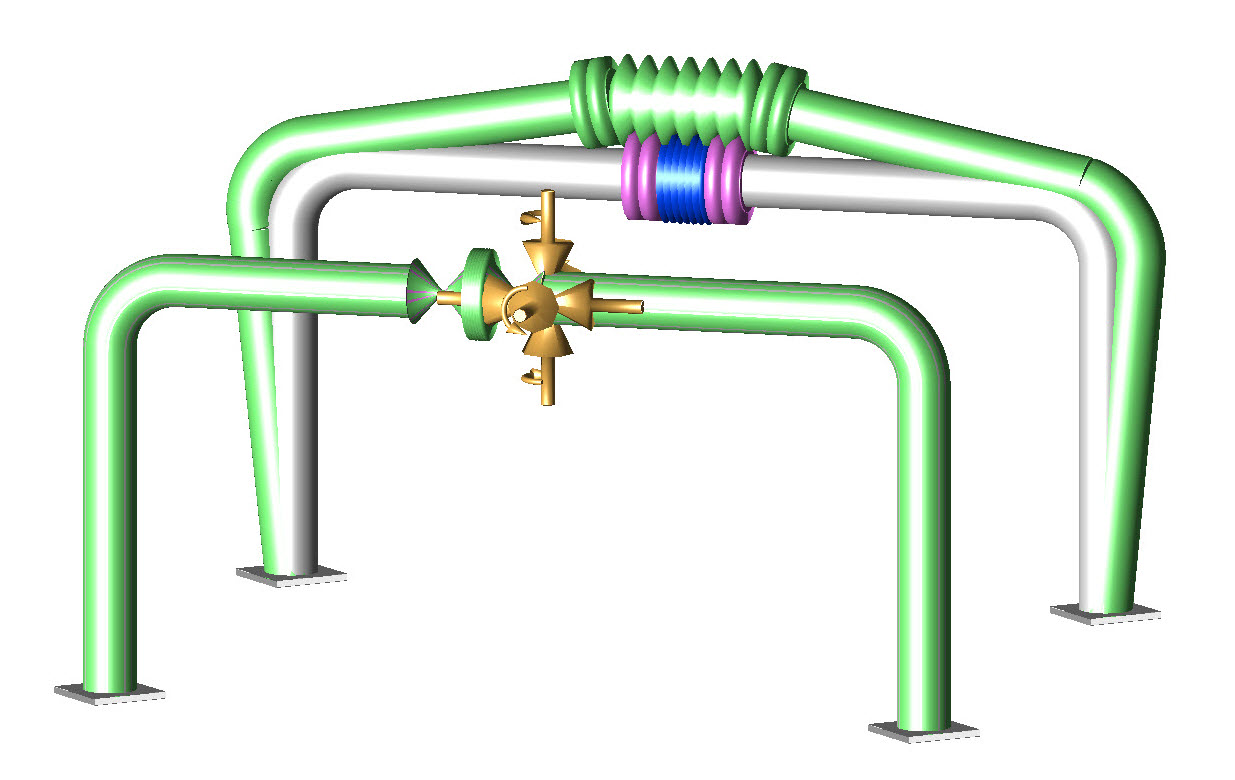 Deflection of the two expansion joints under pressure. The tie rods limit the expansion of the tied joint. The untied joint increases in length the same as if it is a hydraulic cylinder applying bending stresses to the pipe.
